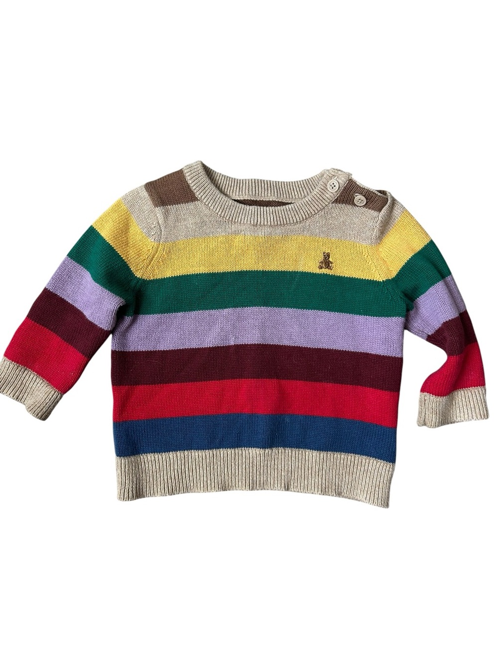 Baby Gap Unisex Striped Multicolor Knit Sweater With Bear Emblem 6-12 Months